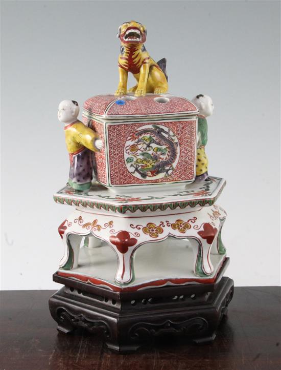 A Japanese Kutani koro and cover, 19th century, 22.5cm, wood stand, restorations